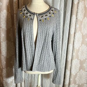 Kate Hill Linen Crochet Style Knit Cardigan w/ beaded detailing. Size Large